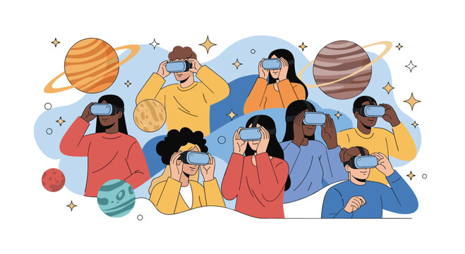 Diverse group of people wearing virtual reality headsets to explore an immersive space simulation featuring colorful planets and twinkling stars.
