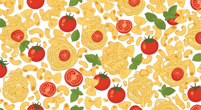 Vibrant seamless pattern showcasing various types of pasta including farfalle and macaroni mixed with ripe red tomatoes and fresh green basil leaves.