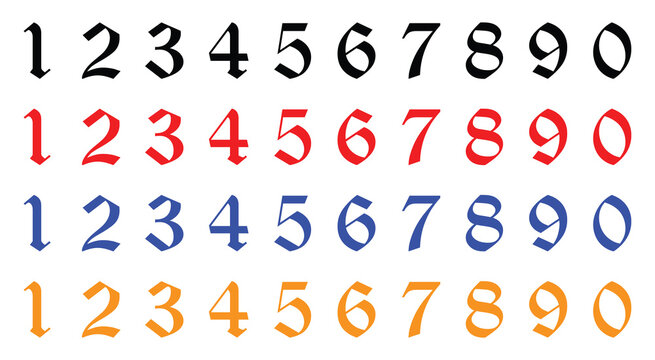 Old english gothic numbers set, black red blue orange medieval digits, calligraphy font vector illustration for vintage branding, heraldic decorative design.