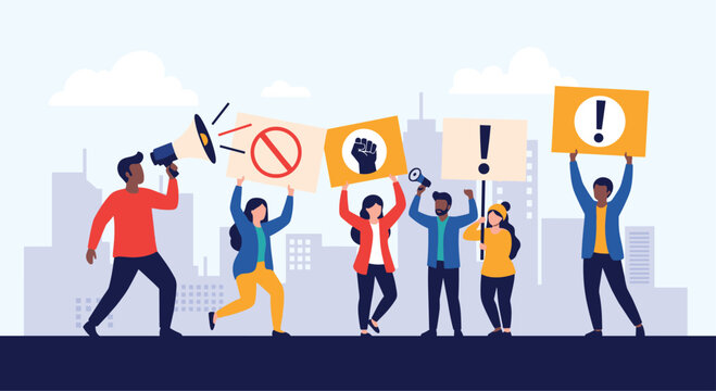Diverse crowd of activists holding protest signs and using megaphones to demonstrate for social justice against a city skyline background in flat style.