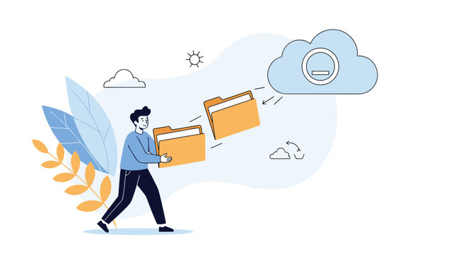 Modern man moving digital data folders from his personal computer into a secure cloud storage service symbolized by a blue cloud icon and sun.