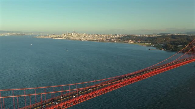 Golden Gate Bridge with skyline Alcatraz Island and bay water