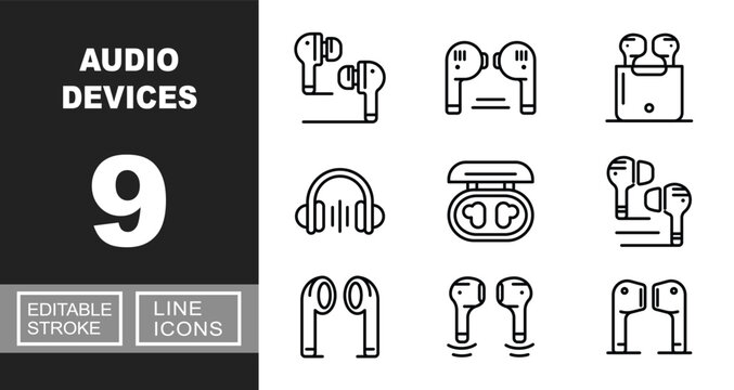 Audio devices line icon set. Vector pictograms of earbuds, earphones, case, headphones, wireless, bluetooth, music, gadget, accessory, hardware, sound, stereo, pods, electronics. Editable stroke.