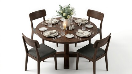 Fototapeta premium Modern dark wood dining table set with four chairs, elegant round dinner table with floral centerpiece and plates, contemporary home furniture isolated on White Background