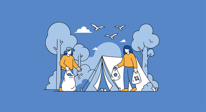 Environmentally conscious people picking up trash near their camping tent in a blue forest setting to help preserve nature and keep it clean.