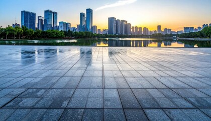 Obraz premium Urban Reflections - Cityscape Mirrored on Wet Pavement at Sunset.