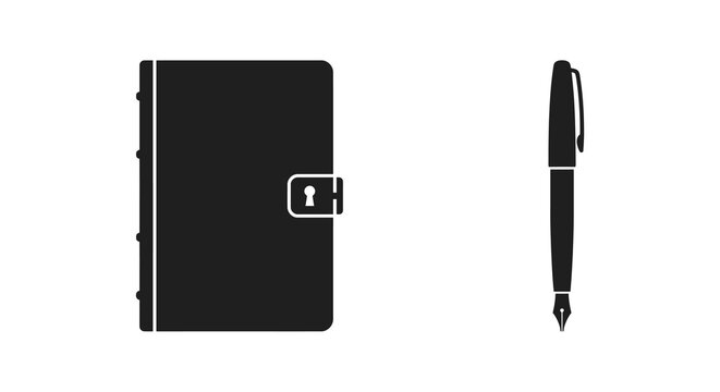 Locked diary with pen black silhouette on white background