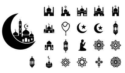 Ramadan Islamic silhouette vector set mosque crescent lantern and prayer icons © SHAHADAT