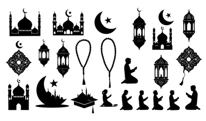 Islamic silhouette vector set with mosques prayer beads calligraphy and praying person © SHAHADAT
