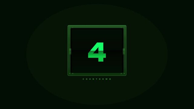 Industrial metallic countdown timer with dark forest green digits ticking down on deep emerald cinematic background