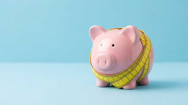 Strategic financial planning A pink piggy bank with a yellow measuring tape, embodying prudent savings, budget control, and investment goals