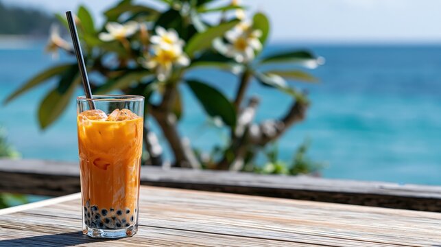 Thai milk tea with tapioca pearls on the table in the beach