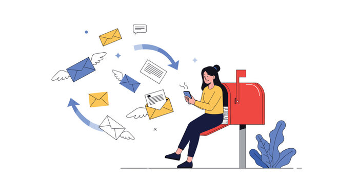 Young woman sitting on a traditional red mailbox and using her smartphone as several winged email envelopes fly around in the air.
