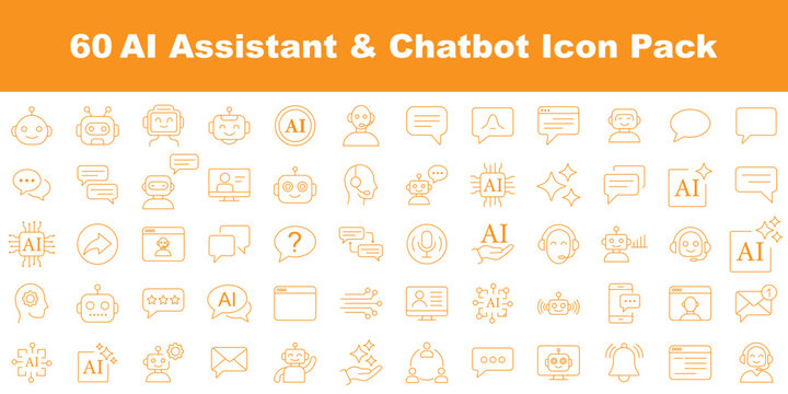 AI assistant and chatbot line icon pack vector, artificial intelligence, automation and virtual support outline symbols collection for app, web, SaaS and technology UI design .