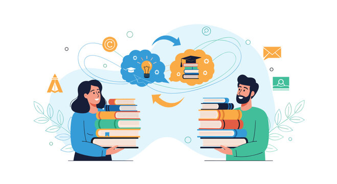 Academic man and woman holding stacks of books and swapping ideas represented by icons of a lightbulb and a graduation cap.