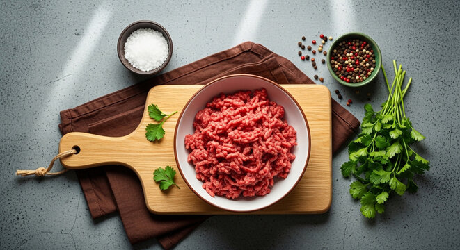 Ground meat on a wooden cutting board with herbs and spices