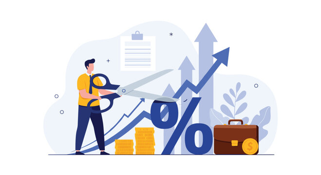 Professional man uses giant scissors to cut through a large percentage symbol as a metaphor for price reduction and savings.
