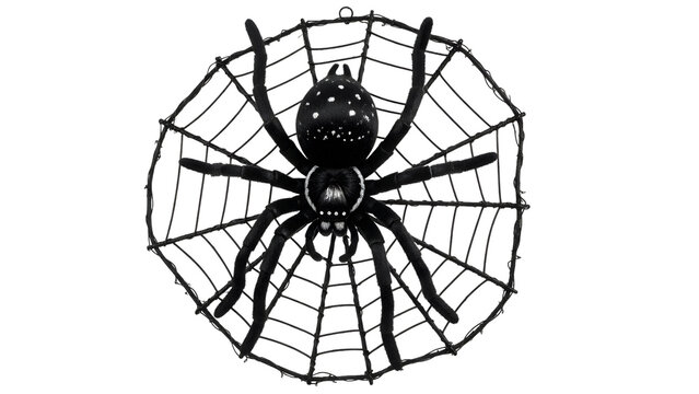 Black spider on intricate spiderweb for spooky halloween as transparent PNG