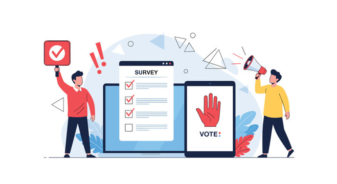 Group of people conduct a public opinion survey using modern digital devices like laptops and tablets for voting purposes.