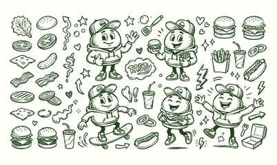 Fototapeta premium Vector doodle set of a hamburger mascot with fast food elements and icons. Hand-drawn brown line art collection of cartoon burger characters.