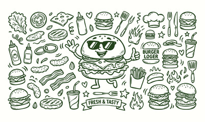 Vector doodle set of a hamburger mascot with fast food elements and icons. Hand-drawn brown line art collection of cartoon burger characters. © Avartde