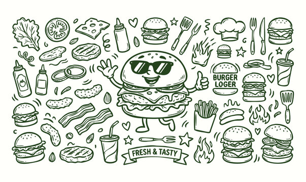 Vector doodle set of a hamburger mascot with fast food elements and icons. Hand-drawn brown line art collection of cartoon burger characters.