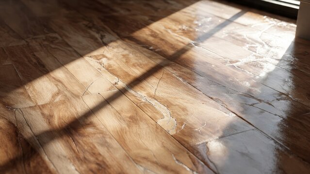 Sun-Kissed Wood Graining: The sun casts a warm, inviting glow upon a beautifully patterned wooden floor. A dance of light and shadow unveils the natural elegance of the material, enhancing the space.