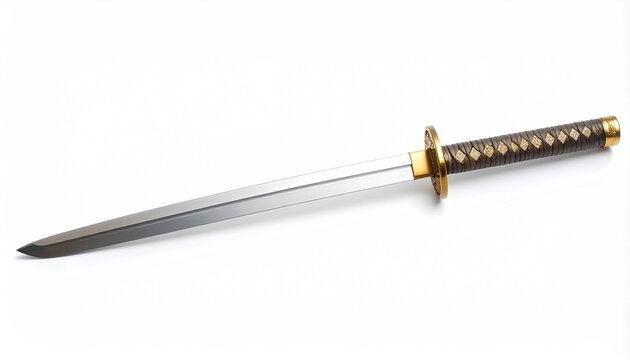 Short Japanese wakizashi sword with gold accents and brown diamond-patterned handle
