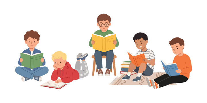 Set of Kids Reading Books in Various Poses Indoor Scene