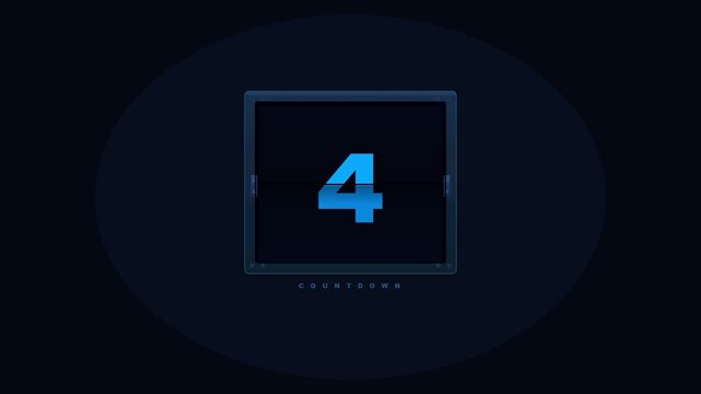 Industrial metallic countdown timer with brushed steel blue digits ticking down on dark navy cinematic background