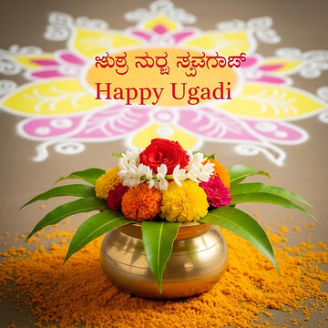 Happy Ugadi festival celebration background with traditional kalash and floral decoration