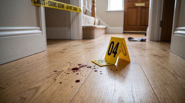Crime Scene Evidence Marker Number Four on Wooden Floor with Blood Splatter at Home