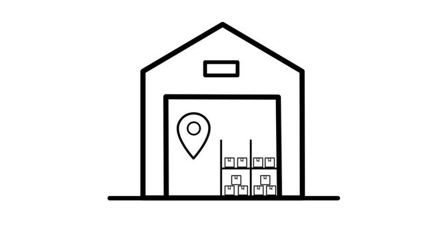 Warehouse logistics and delivery animation, storage building with boxes and map marker line icon