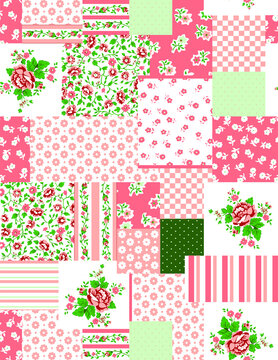 collage of pink and green floral patchwork squares