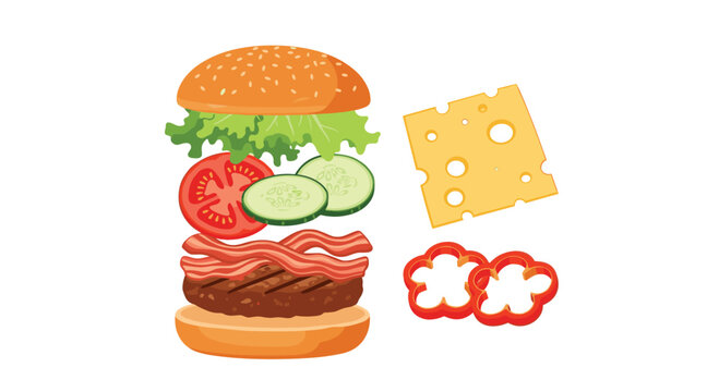 Delicious burger shown in a deconstructed exploded view with all fresh ingredients like beef bacon lettuce tomato and cheese.