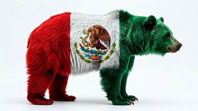 Bear with Mexican flag colors highlighting geometric patterns and contemporary art