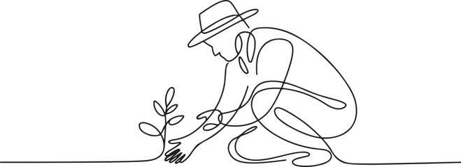 Fototapeta premium Continuous One Line Drawing Farmer Tending Plant. one line Icon drawing