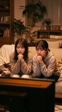 Two women watch the Television in a intimate scene: Focused and emotional as they absorb the storyline, their faces reflecting deep contemplation. A quiet and introspective moment.