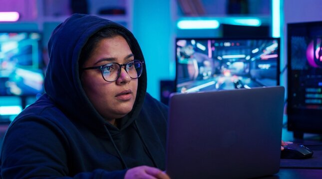 A woman gamer engrossed in a fast-paced video game, her focused gaze reflecting the immersive digital world on her laptop screen. The vibrant hues of the gaming setup create a dynamic atmosphere.