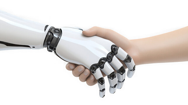 Handshake between a robotic device and a person illustrates the collaborative potential of advanced automation.