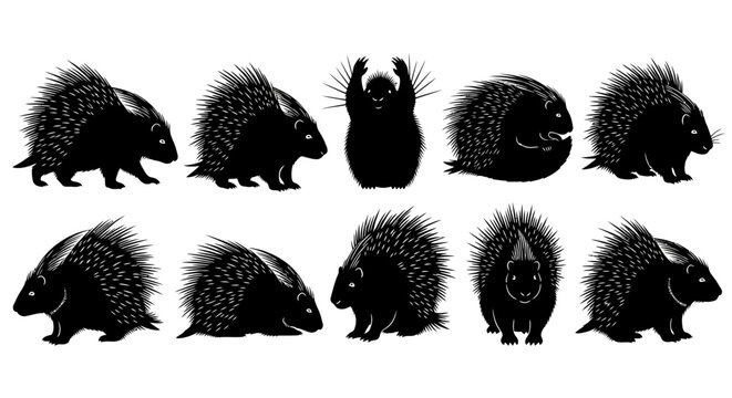 A collection of eight porcupine silhouettes with various poses on a white background.