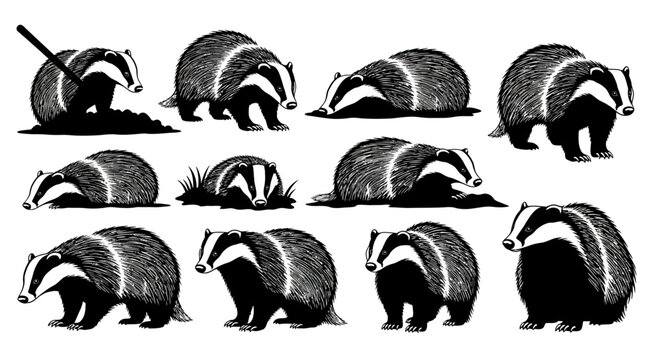 Detailed illustrations of badgers in various dynamic poses and movements