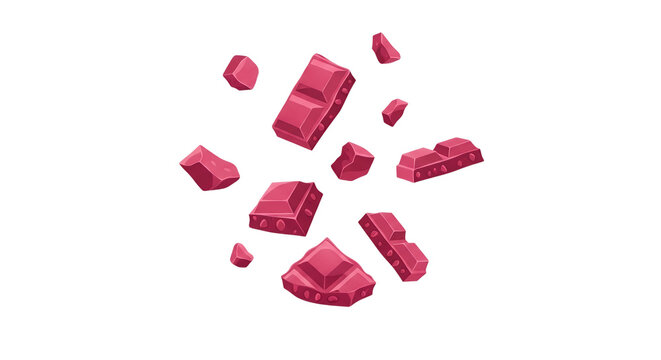 Flying Broken Pieces of Pink Ruby Chocolate with Crunchy Nuts, Sweet Berry Chocolate Chunks Isolated on White Background