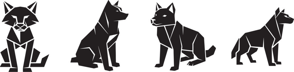 Set of Black Geometric Wolf and Dog Silhouette Vectors with Sharp Polygonal Designs © Md Hussain