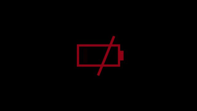 Low batary animation, least cell animation  batary.red batary 4k video red bar status battery on alpha channel. icon red battery vector black background. 