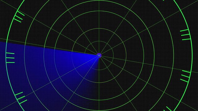 Blue sweeping radar screen animation. Radar scanning animation blue collar moving radar 4k video screen radar beam over grid display represents world pattern radar