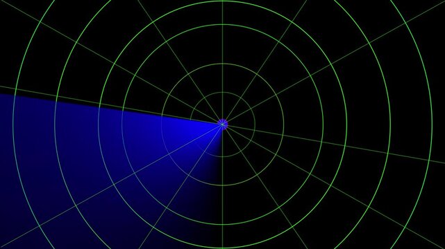 Green sweeping radar screen animation. Radar scanning animation 4K video radar technology animation. Blue green light glow radar screen animation. 