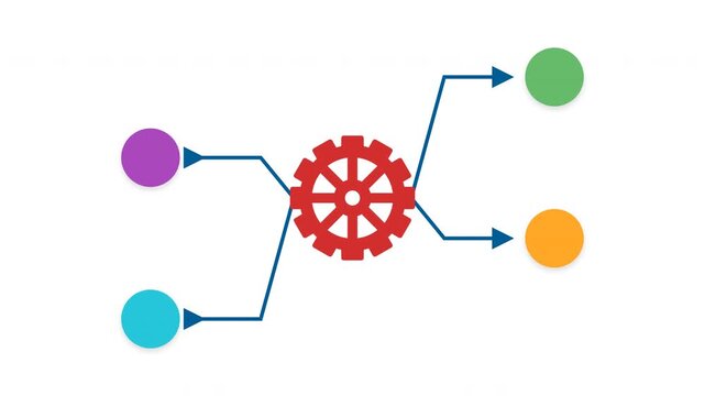 Animated Red Gear 4 Steps Split Process Infographic Flowchart on White Background