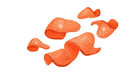 Fototapeta premium Fresh Sliced Salmon Fillets Floating on White Background, Vector Illustration of Raw Red Fish Sashimi Pieces