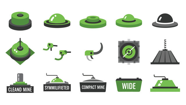 Set of land mine explosive device icons in flat vector style.